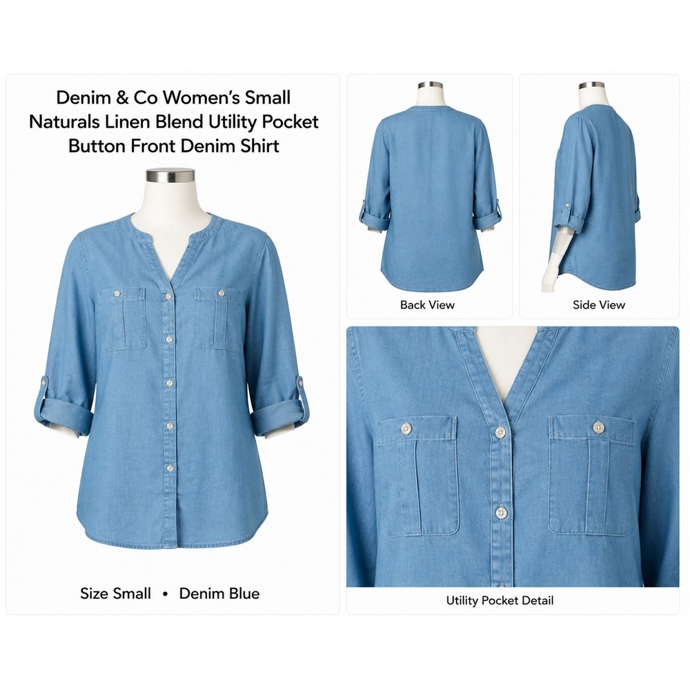 Denim & Co Naturals Linen Blend Utility‎ Pocket Button Front Denim Shirt A644082
